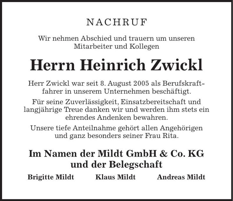 Traueranzeige Heinrich Zwickl