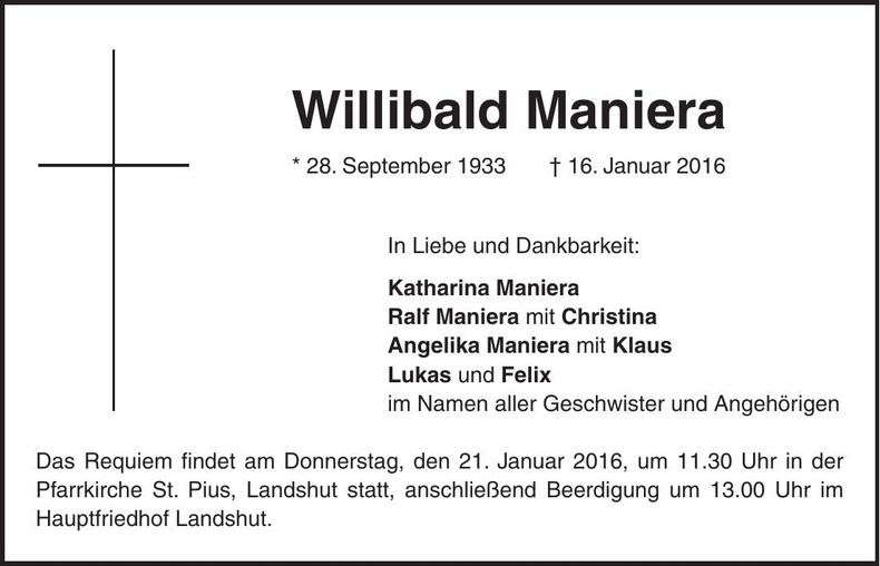 Traueranzeige Willibald Maniera