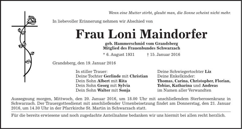 Traueranzeige Loni Maindorfer
