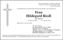 Traueranzeige Hildegard Riedl