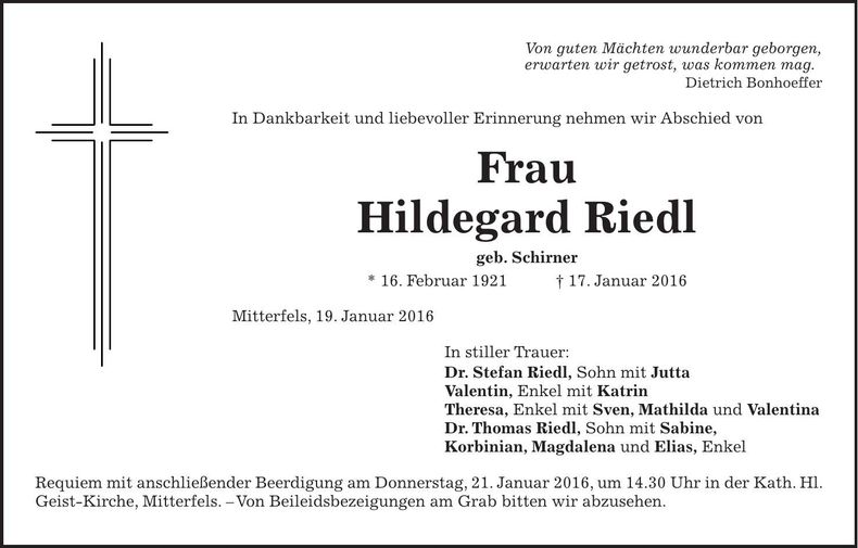 Traueranzeige Hildegard Riedl