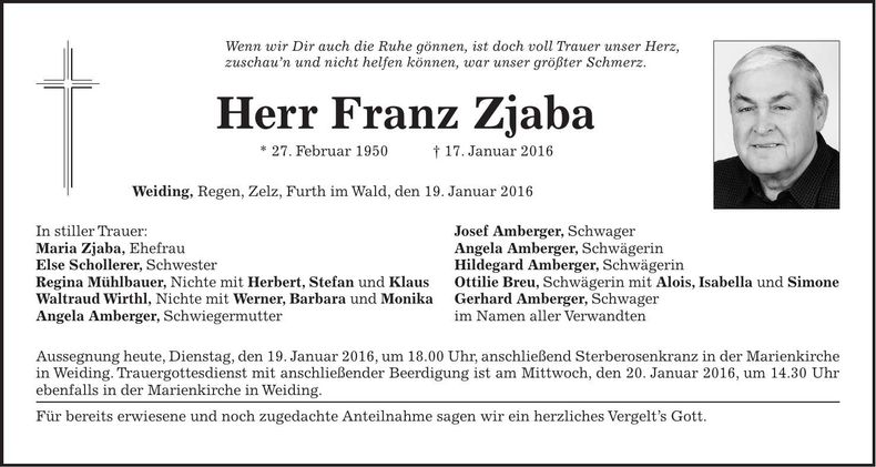 Traueranzeige Franz Zjaba
