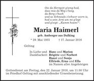 Traueranzeige Maria Haimerl