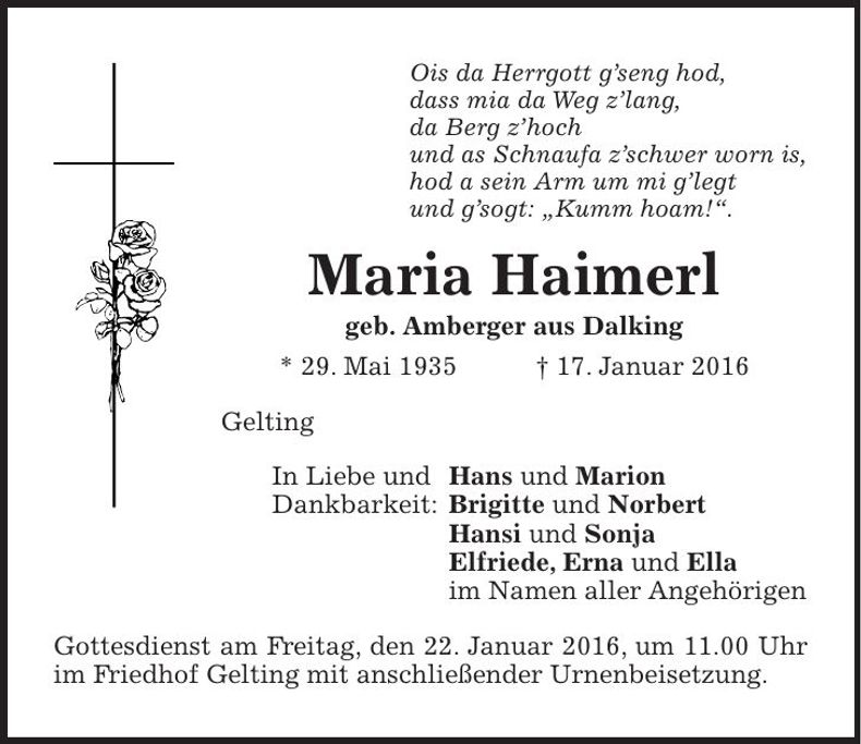 Traueranzeige Maria Haimerl