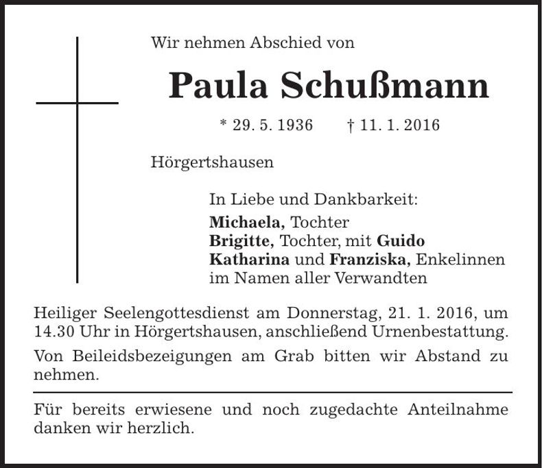 Traueranzeige Paula Schußmann