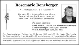 Traueranzeige Rosemarie Boneberger