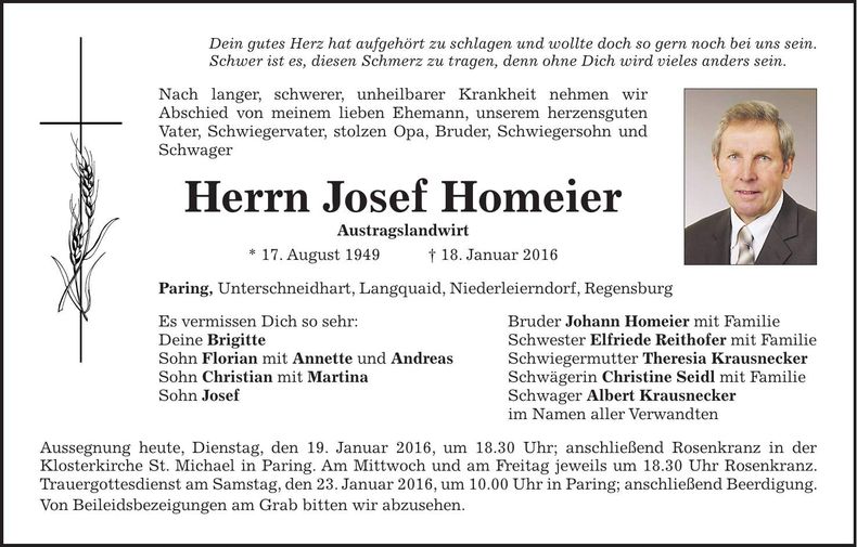 Traueranzeige Josef Homeier