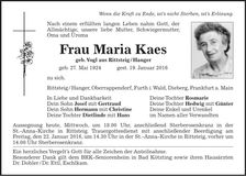 Traueranzeige Kaes Maria