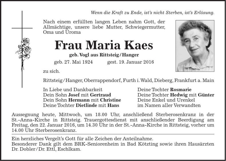 Traueranzeige Kaes Maria