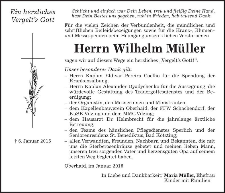 Traueranzeige Wilhelm Müller