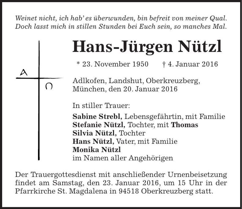 Traueranzeige Hans Jürgen Nützl