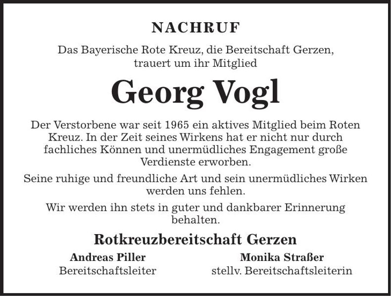 Traueranzeige Georg Vogl