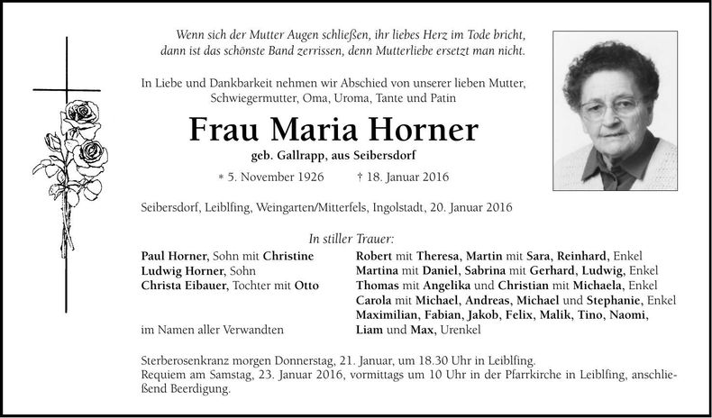 Traueranzeige Maria Horner