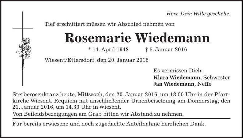 Traueranzeige Rosemarie Wiedemann