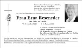 Traueranzeige Erna Reseneder