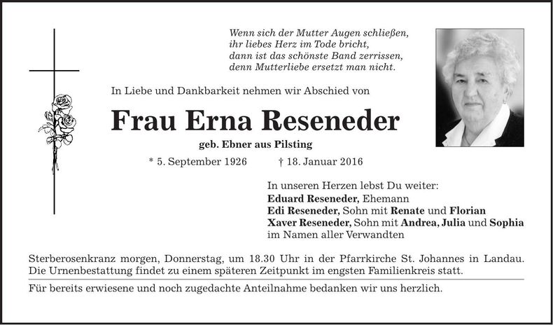 Traueranzeige Erna Reseneder