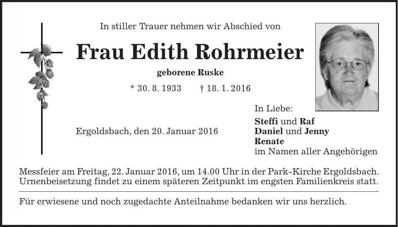 Traueranzeige Edith Rohrmeier