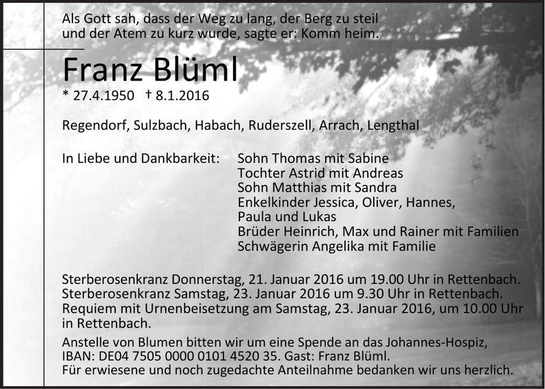 Traueranzeige Franz Blüml