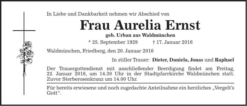 Traueranzeige Aurelia Ernst