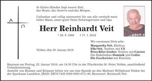 Traueranzeige Reinhardt Veit