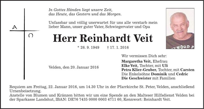 Traueranzeige Reinhardt Veit