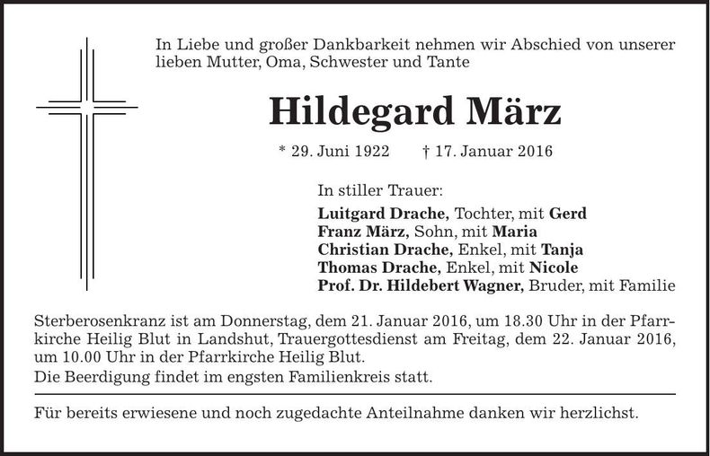 Traueranzeige Hildegard März