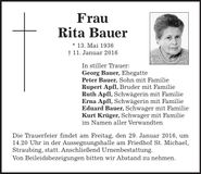 Traueranzeige Rita Bauer