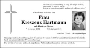 Traueranzeige Kreszenz Hartmann