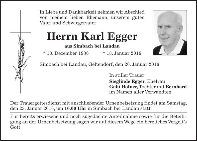 Traueranzeige Karl Egger