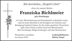 Traueranzeige Franziska Bichlmeier