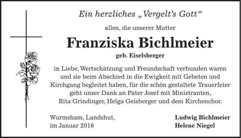 Traueranzeige Franziska Bichlmeier