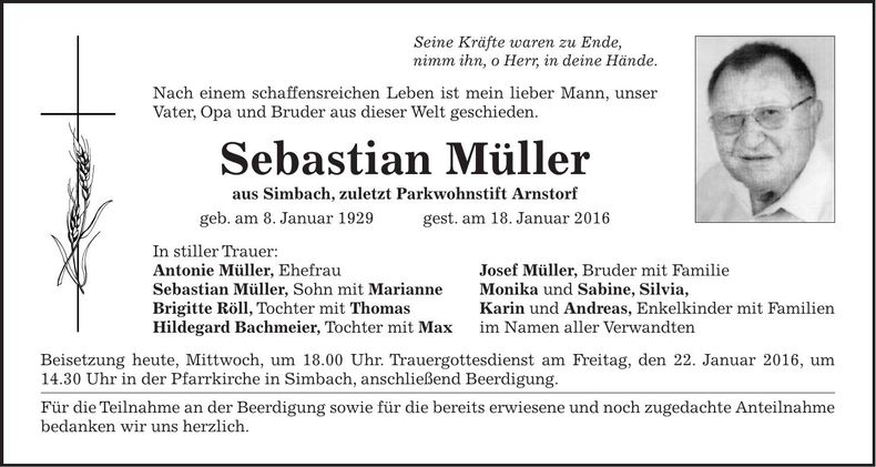 Traueranzeige Sebastian Müller