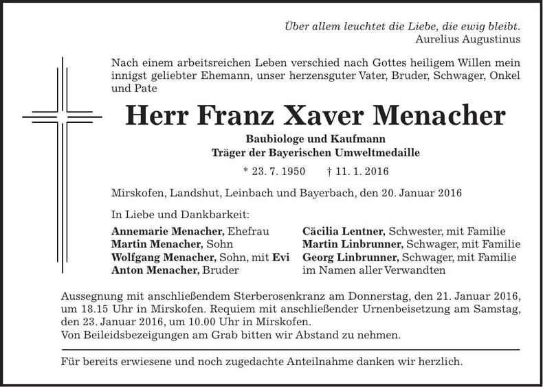 Traueranzeige Franz Xaver Menacher