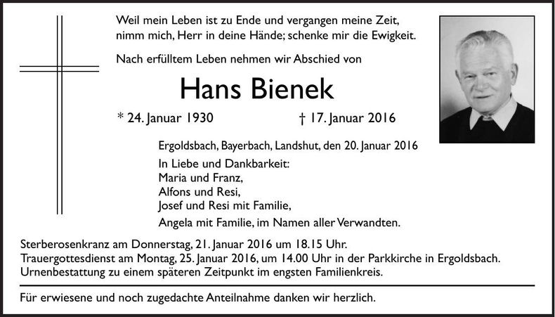 Traueranzeige Hans Bienek