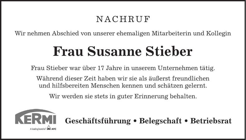 Traueranzeige Susanne Stieber