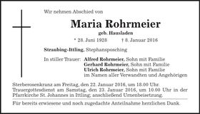 Traueranzeige Maria Rohrmeier