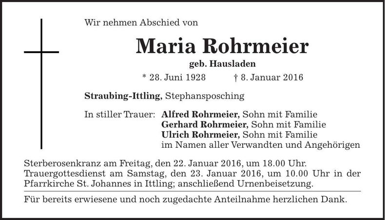 Traueranzeige Maria Rohrmeier