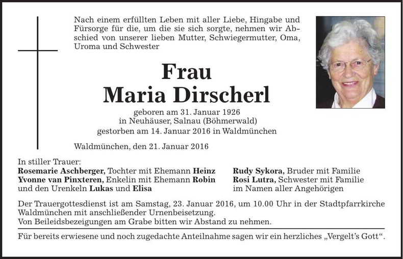 Traueranzeige Maria Dirscherl