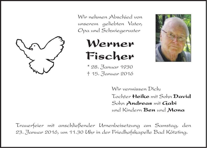 Traueranzeige Werner Fischer