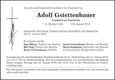 Traueranzeige Adolf Gstettenbauer