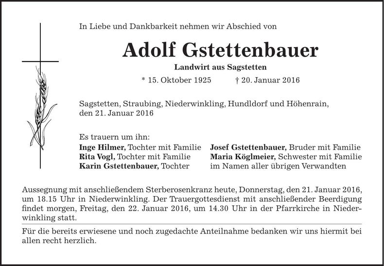 Traueranzeige Adolf Gstettenbauer