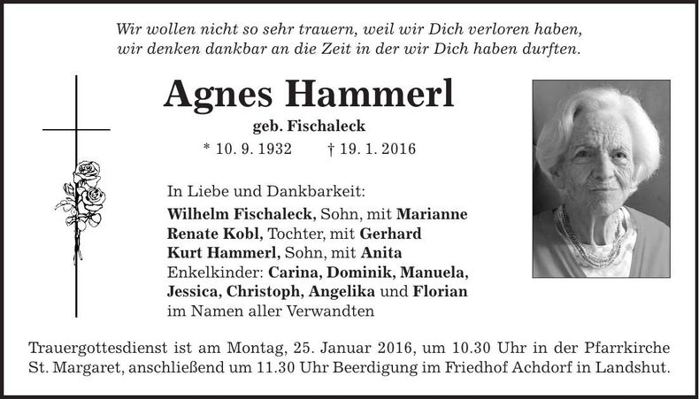 Traueranzeige Agnes Hammerl