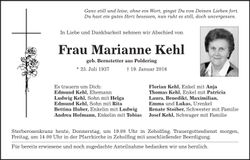 Traueranzeige Marianne Kehl