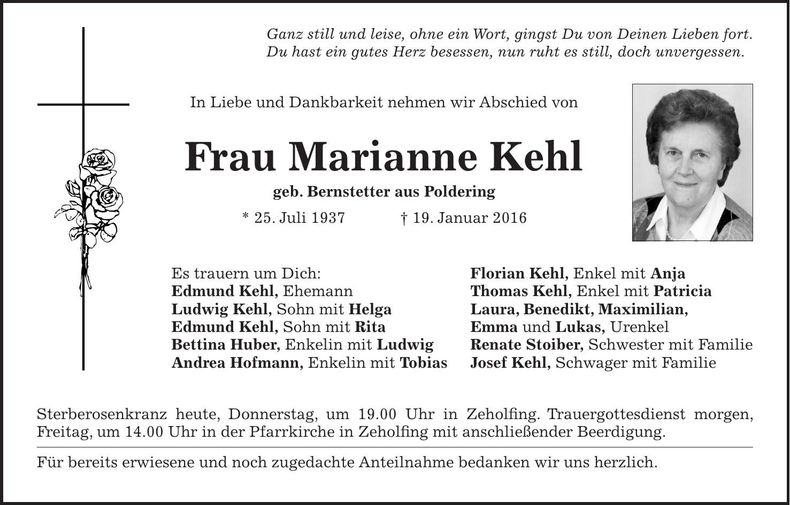 Traueranzeige Marianne Kehl