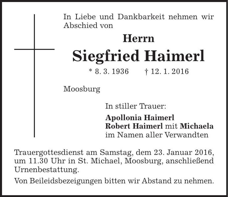 Traueranzeige Siegfried Haimerl