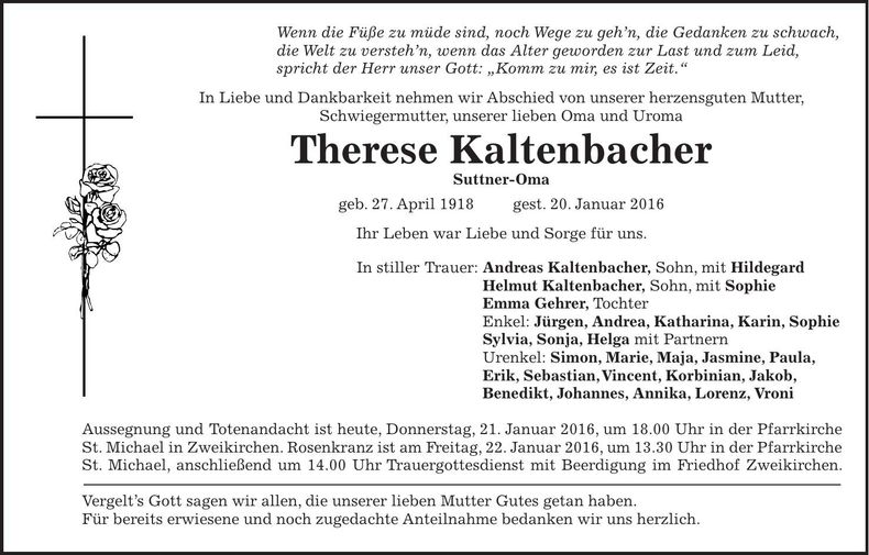 Traueranzeige Therese Kaltenbacher