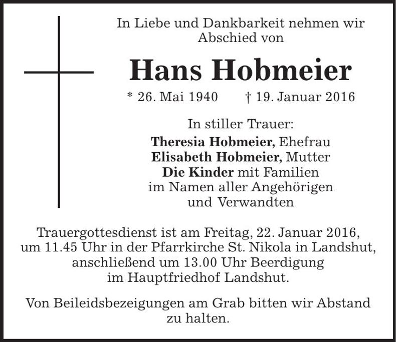 Traueranzeige Hans Hobmeier