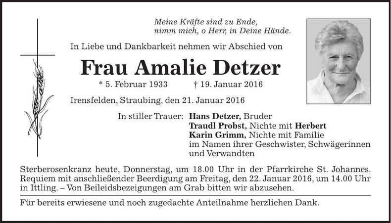 Traueranzeige Amalie Detzer