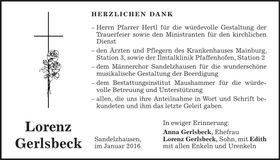 Traueranzeige Lorenz Gerlsbeck