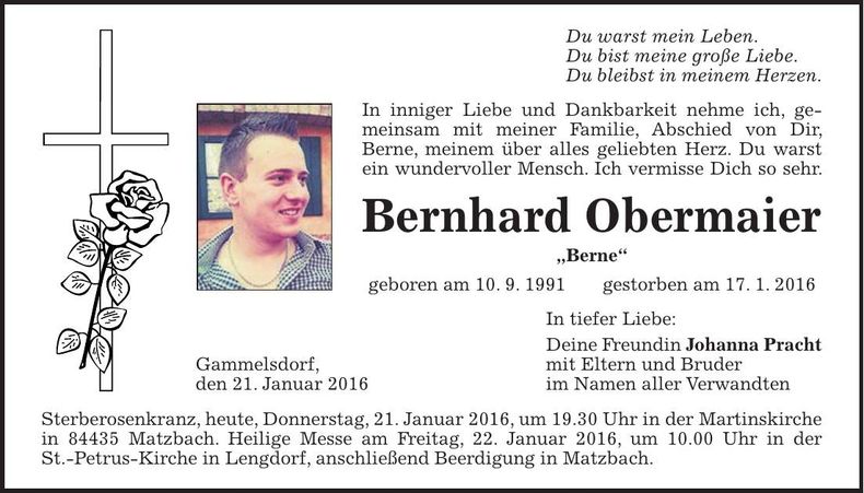 Traueranzeige Bernhard Obermaier